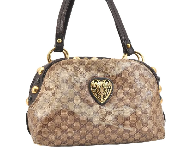 Women Gucci Sylvie bags featuring the signature web stripeAuthentic GUCCI GG Crystal Heart Crest Hand Boston Bag PVC Leather Brown 6827K