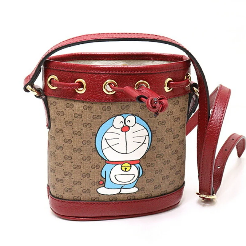 Women Gucci Sylvie bags with a crystal - embellished web stripeGucci ?? DORAEMON Doraemon Mini GG Supreme Bucket Bag Women's Shoulder 647801 Beige Red