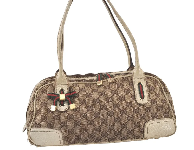 Gucci handbags for women with a patent - leather finishAuth GUCCI Web Sherry Line Princy Shoulder Bag GG Canvas Leather Brown 6926K