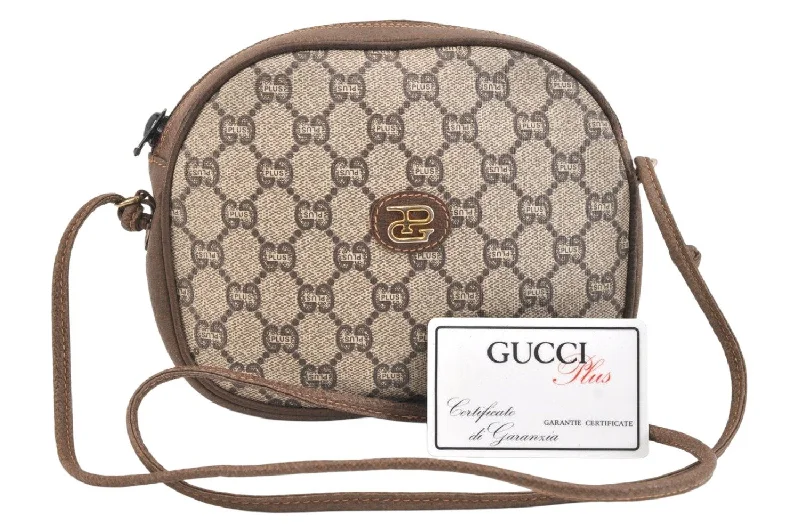 Women Gucci crossbody bags in a bold red colorAuthentic GUCCI GG Plus Shoulder Cross Body Bag PVC Leather Brown Junk 6947K