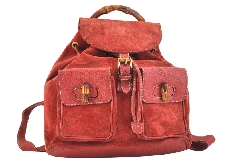 Women Gucci Sylvie bags with a detachable ribbon detailAuthentic GUCCI Vintage Bamboo Drawstring Backpack Suede Leather Red 6822K