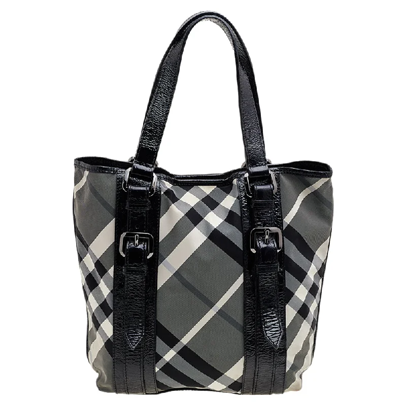 Lightweight Burberry Backpacks for TravelBlack Beat Check Nylon And Patent Leather Lowry Tote