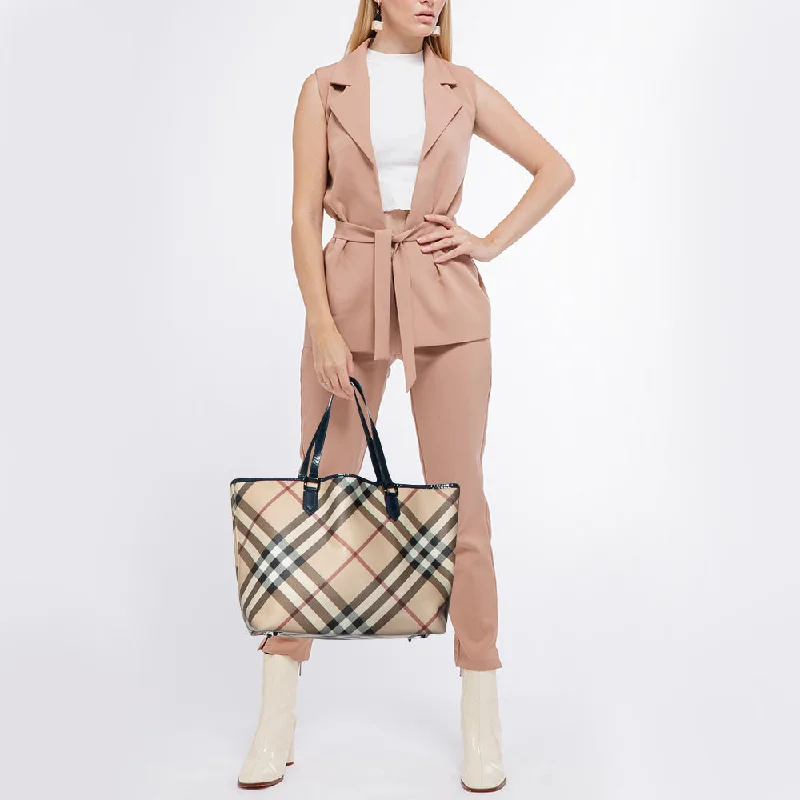 Sustainable and Ethical Burberry Bags for Conscious ConsumersBURBERRY Beige/Blue Nova Check PVC and Patent Leather Shopper Tote