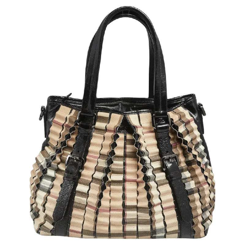 Adjustable Strap Burberry Messenger BagsBlack/Beige House Check PVC and Patent Leather Lowry Ruffled Tote