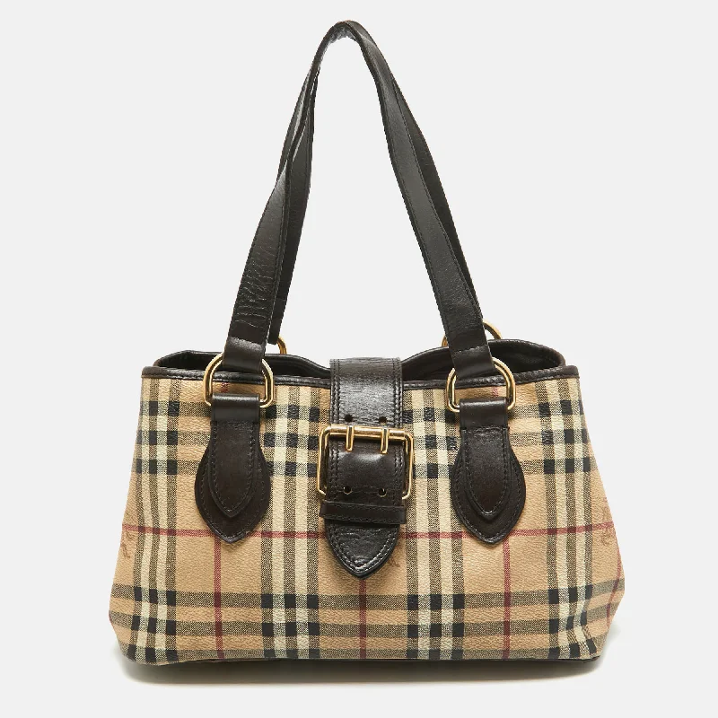 Artistic Print Burberry Bags for Art LoversBURBERRY Beige/Brown Haymarket PVC and Leather Buckle Flap Tote