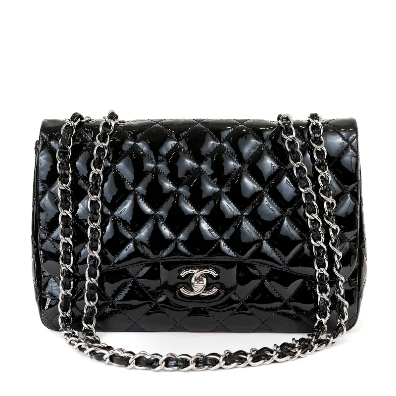 Chanel Classic Flap Bag for Evening PartyChanel  Black Patent Leather Jumbo Classic with Silver Hardware