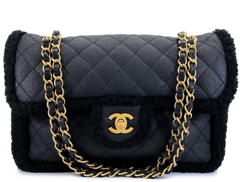 Chanel bags with intricate metal hardwareChanel Black Shearling Muff Flap Bag GHW P0H