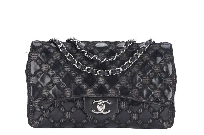 Chanel bags available at online luxury retaileCHANEL CLASSIC FLAP JUMBO (1430xxxx ) BLACK PATENT LACE SILVER HARDWARE NO CARD WITH BOX AND DUST COVER