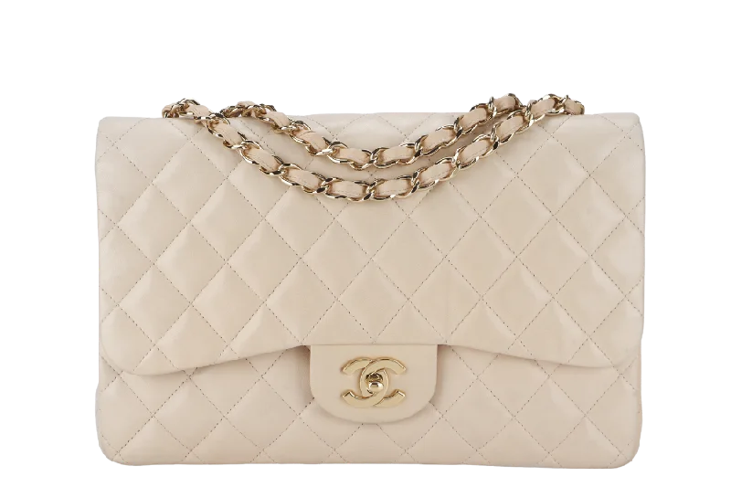 Chanel bags with chain and leather strap combinationsCHANEL CLASSIC SINGLE FLAP (1309xxxx) JUMBO BEIGE LAMBSKIN GOLD HARDWARE WITH CARD