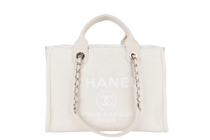 Chanel bags that pair perfectly with any outfitCHANEL DEAUVILLE SMALL BEIGE & WHITE CANVAS (K17Lxxxx) GOLD HARDWARE WITH DUST COVER AND BOX