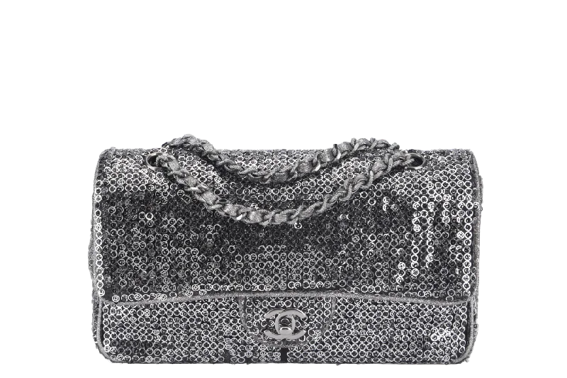 Chanel bags with gold, silver, and pearl accentsCHANEL FLAP (1164xxxx) SILVER SEQUINS SILVER HARDWARE WITH DUST COVER