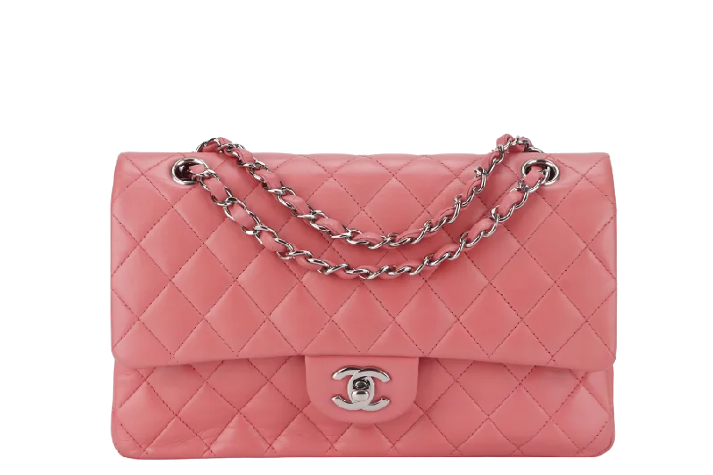 Chanel Small Crossbody Bag for TravelCHANEL FLAP MEDIUM (1632xxxx) PINK LAMBSKIN LEATHER SILVER HARDWARE WITH CARD, DUST COVER AND BOX