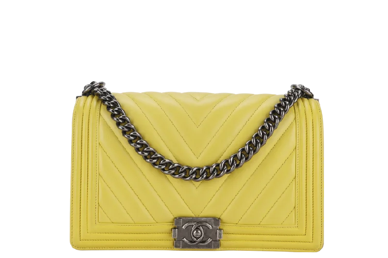 Chanel Designer Handbag with Unique DesignCHANEL LEBOY (2234xxxx) YELLOW CHEVRON LAMBSKIN RUTHENIUM HARDWARE WITH DUST COVER