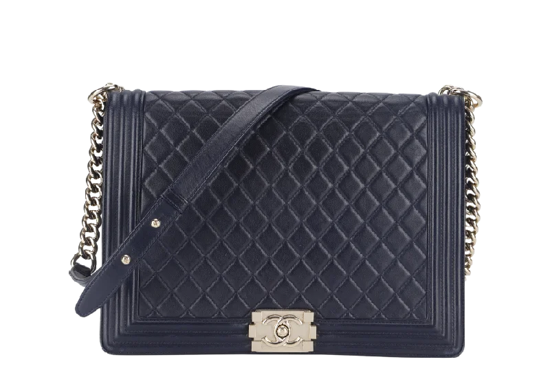 Chanel bags with intricate metal hardwareCHANEL LEBOY LARGE (2226xxxx) NAVY BLUE LAMBSKIN GOLD HARDWARE WITH DUST COVER AND BOX