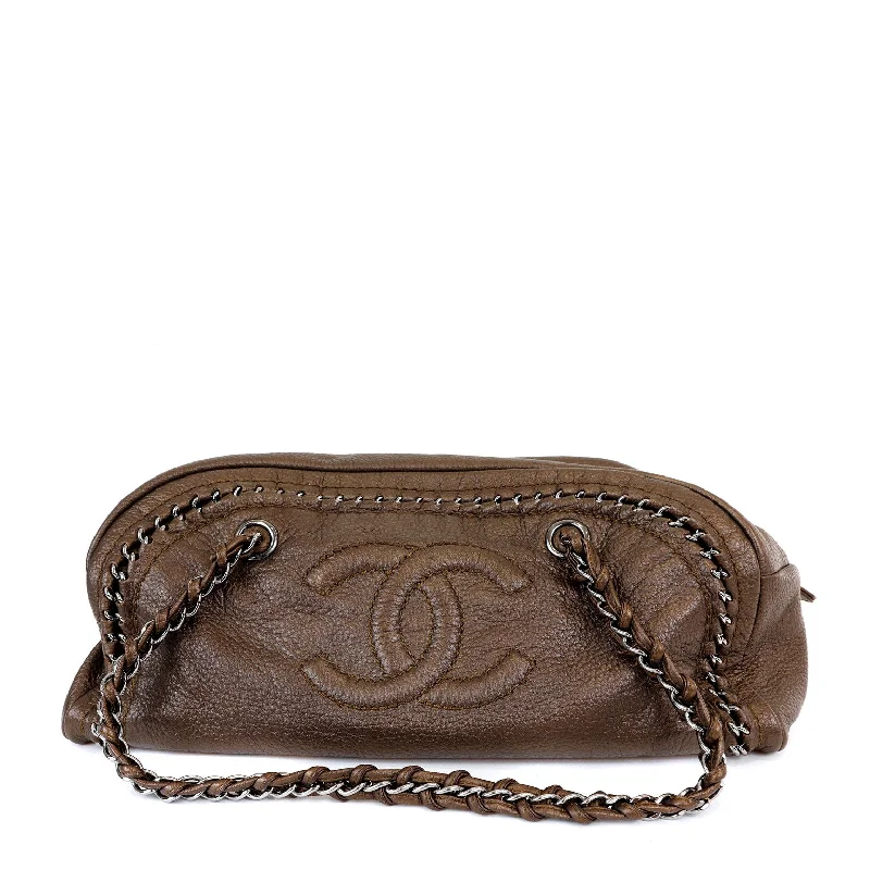 Chanel bags with chain and leather strap combinationsChanel Metallic Brown CC Bowler Bag with Silver Hardware