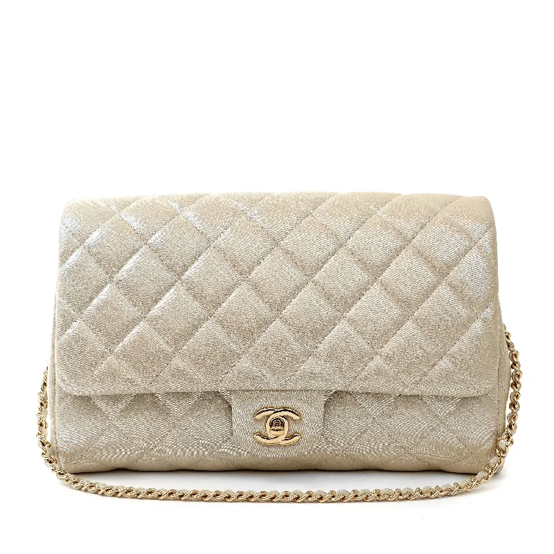 Chanel Designer Handbag with Unique DesignChanel Metallic Gold Quilted Cloth Flap Bag w/ Gold Hardware