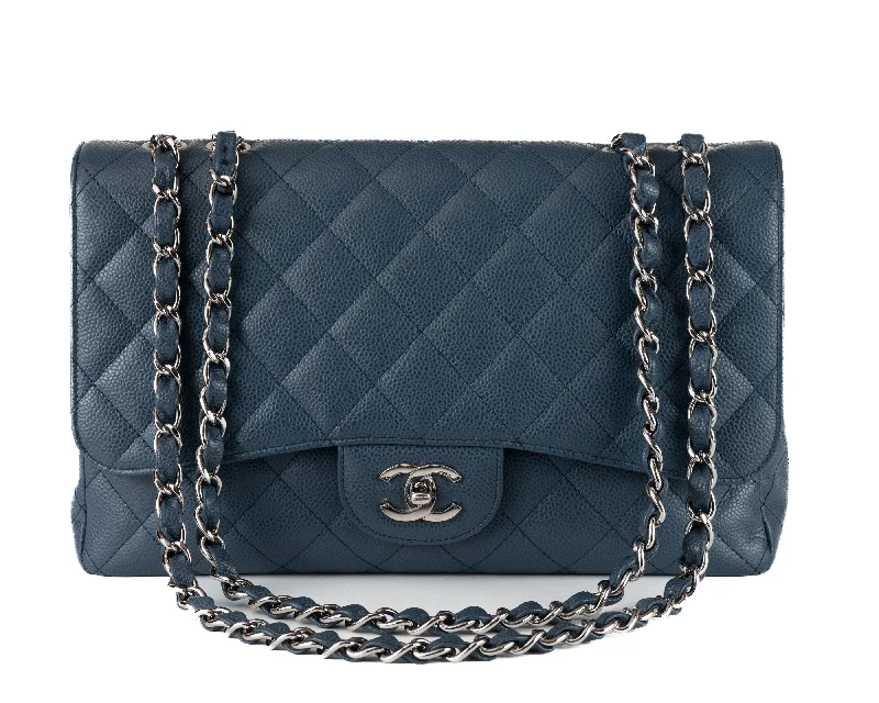 Chanel bags with adjustable chain strapsChanel Navy Blue Caviar Jumbo Classic w/ Silver Hardware