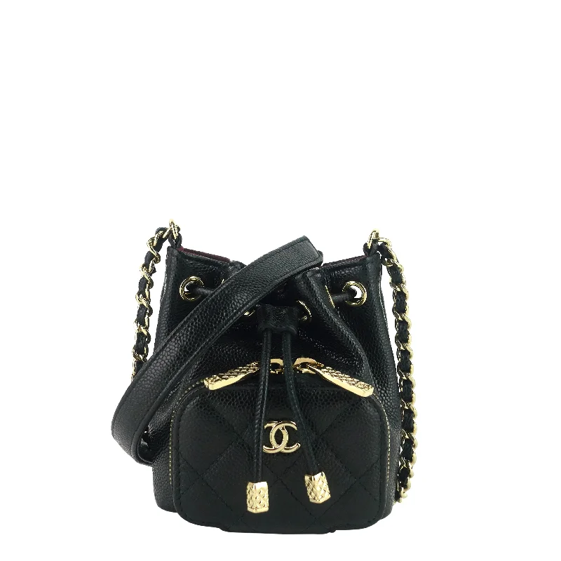 Chanel bags with iconic gold chainsMini CC Bucket Pocket Caviar Leather Bag