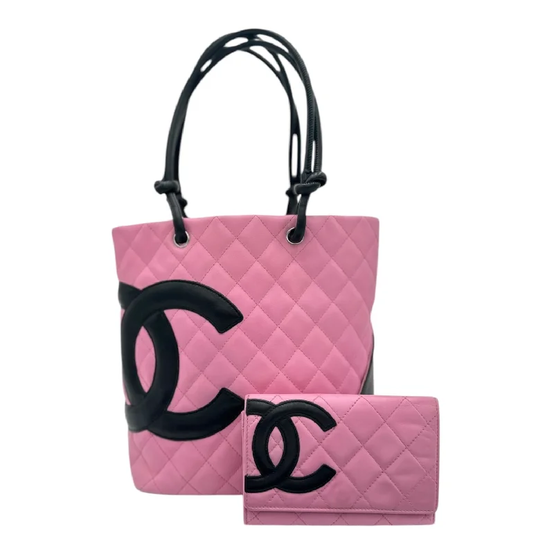 Chanel Quilted Leather Shoulder Bag for FashionistasCHANEL Pink Lambskin Cambon Small Tote & Wallet Set