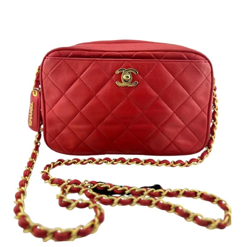 Chanel bags with leather and tweed combinationsCHANEL Red Lambskin Camera Bag