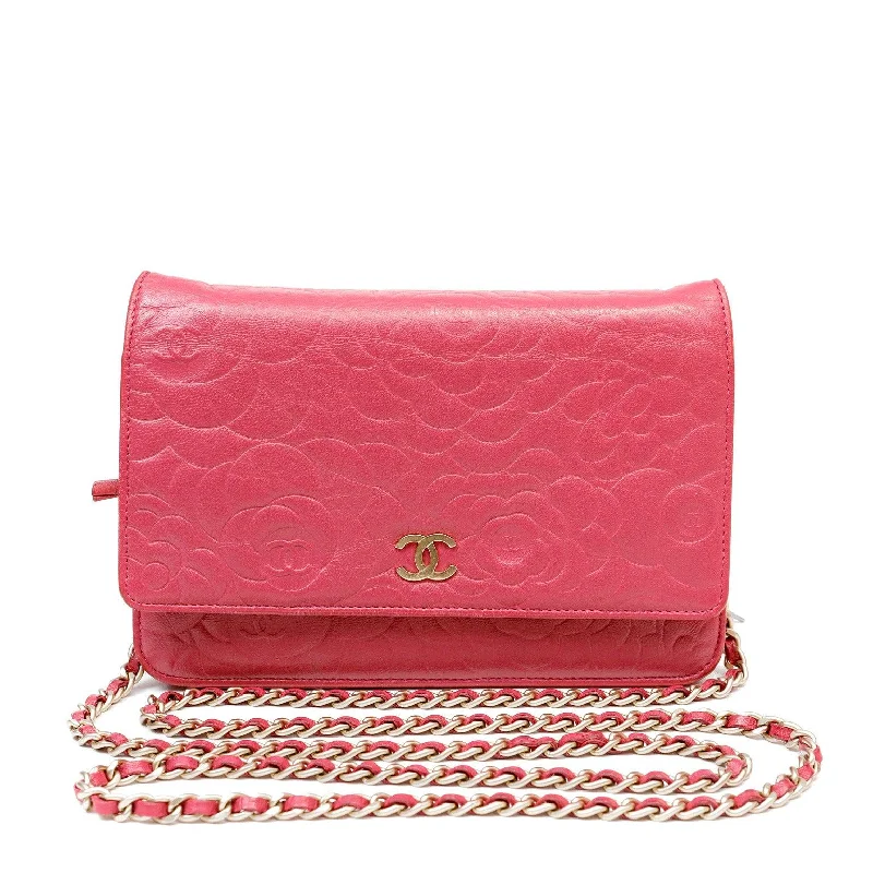 Chanel bags with exclusive seasonal designs and materialsChanel Rose Pink Camellia Imprinted Wallet on Chain w/ Gold Hardware