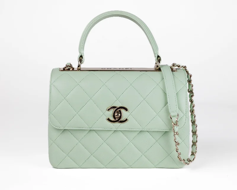 Chanel bags with intricate metal hardwareChanel Seafoam Green Lambskin Coco Top Handle Bag with Gold Hardware