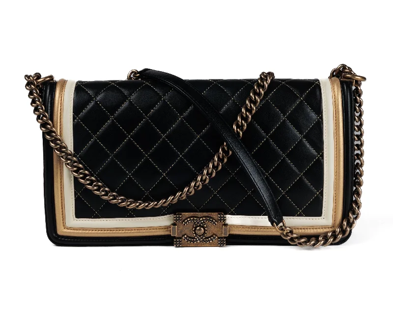 Chanel bags for women who appreciate fine craftsmanshipChanel Tri Color Black/Gold/Ivory Medium Boy Bag w/ Antique Gold Hardware