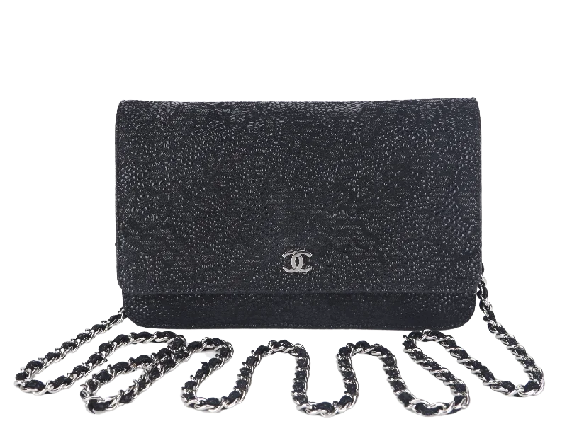 Chanel bags for women who appreciate fine craftsmanshipCHANEL W.O.C FLOWER LACE (1895xxxx) BLACK EMBOSSED GOATSKIN SILVER HARDWARE NO DUST COVER