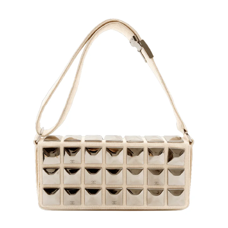 Chanel Classic Flap Bag for Evening PartyChanel Ivory Jersey Evening Bag with Mirrored Pyramid Studs