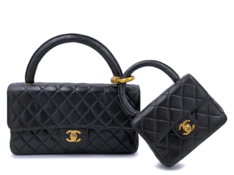 Chanel Quilted Leather Shoulder Bag for FashionistasChanel 1994 Vintage Parent Child Bag Kelly Flap Set Black 24k GHW