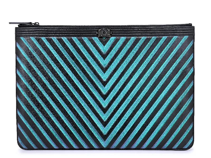 Chanel bags as wedding day accessoriesChanel 2017 So Black Chevron Boy Mermaid Turquoise Violet O Case Clutch Bag