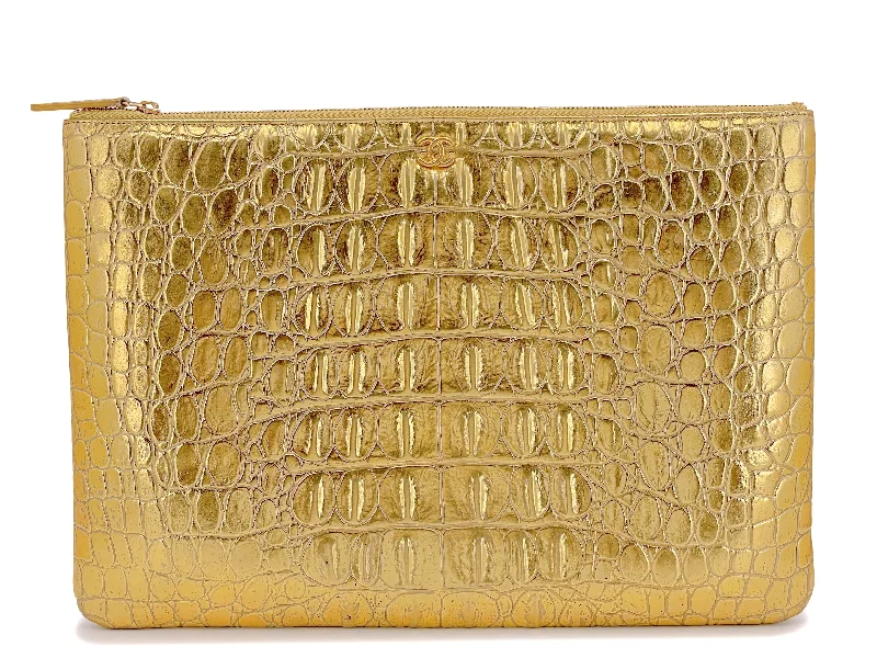 Chanel bags perfect for everyday elegChanel 19A Egyptian Collection Gold Crocodile Print O Case Clutch Large