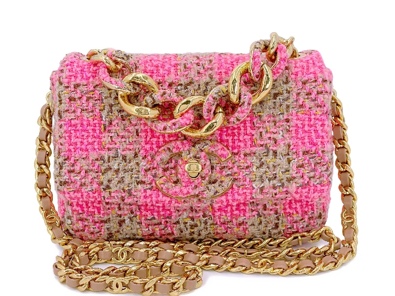 Chanel Small Crossbody Bag for TravelChanel 2022 Fuchsia Pink Beige Quilted Tweed CC Chain Small Flap Bag