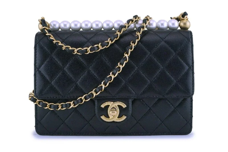 Chanel bags with gold, silver, and pearl accentsNIB 19S Chanel Black Lambskin Chic Pearls Classic Limited Mini Pearl Flap Bag GHW