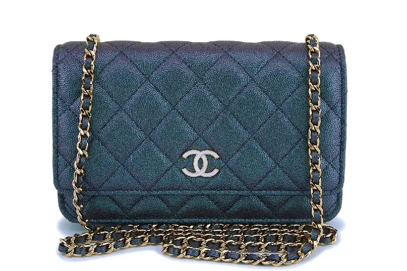 Chanel Quilted Leather Shoulder Bag for FashionistasNIB 19S Chanel Iridescent Black Caviar Classic Wallet on Chain Pearly CC WOC Bag