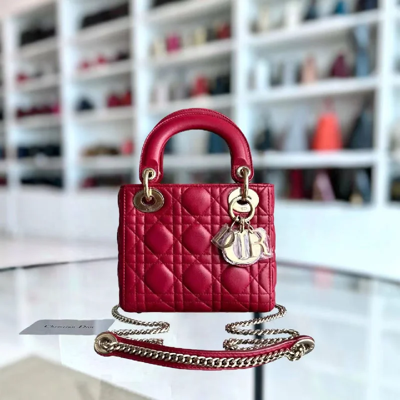 Christian Dior bags with a side - pocket for holding a water bottle*2020, Chain strap* Lady Mini Cannage Lambskin Burgundy Red Golden Hardware