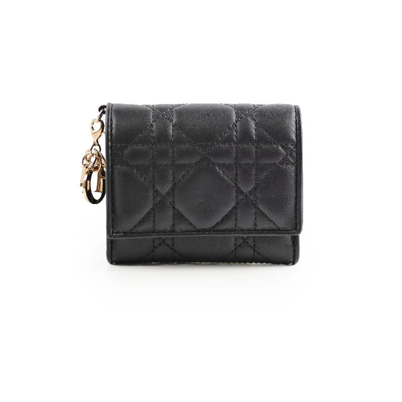 Christian Dior bags with a detachable coin purse insideChristian Dior Black Lambskin Wallet