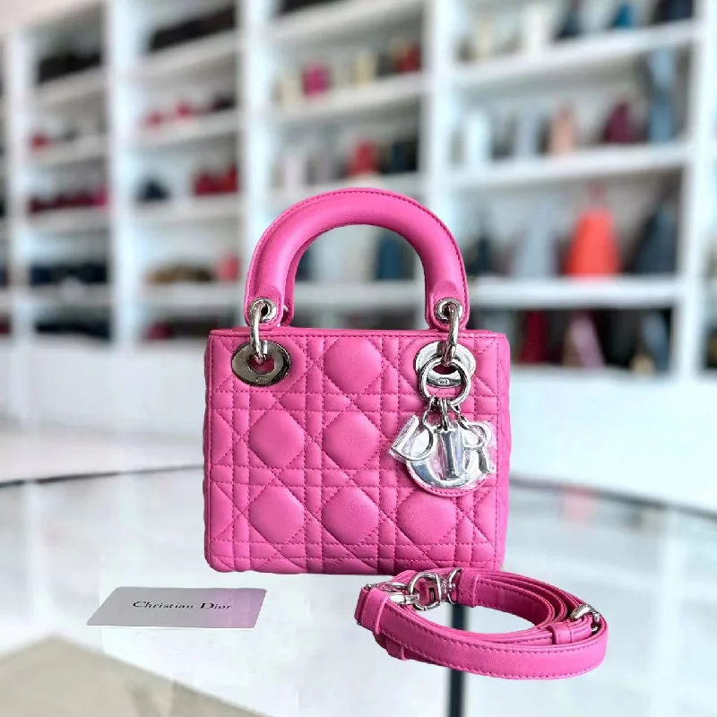 Trendsetting Christian Dior crossbody bags with a colorful strap*Adjustable Strap* Lady Mini Cannage Lambskin Barbie Pink Silver Hardware