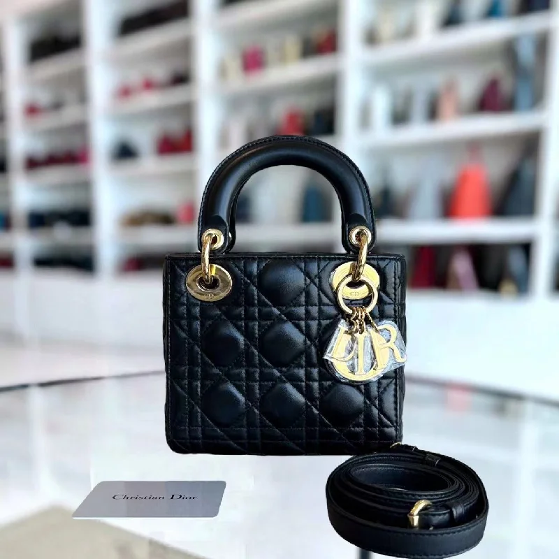 Christian Dior backpacks with a sleek, minimalist silhouette*Adjustable Strap* Lady Mini Cannage Lambskin Black Golden Hardware