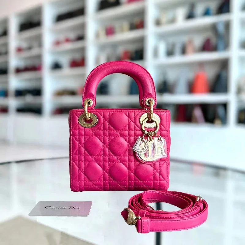 Christian Dior handbags with a removable shoulder strap for versatility*Adjustable Strap* Lady Mini Cannage Lambskin Hot Pink Golden Hardware