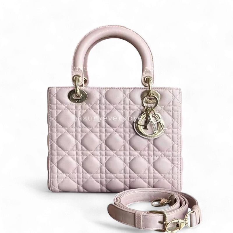 Christian Dior crossbody bags with a front - flap pocket for easy access*Adjustable Strap* Dior Lady Medium - Iridescent Cannage Lambskin Light Pink Golden Hardware