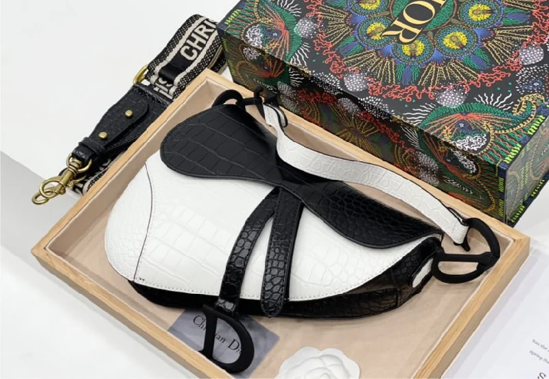 Christian Dior Saddle bags with a distressed leather finishBlack & white DIOR Crossbody/shoulder handbag