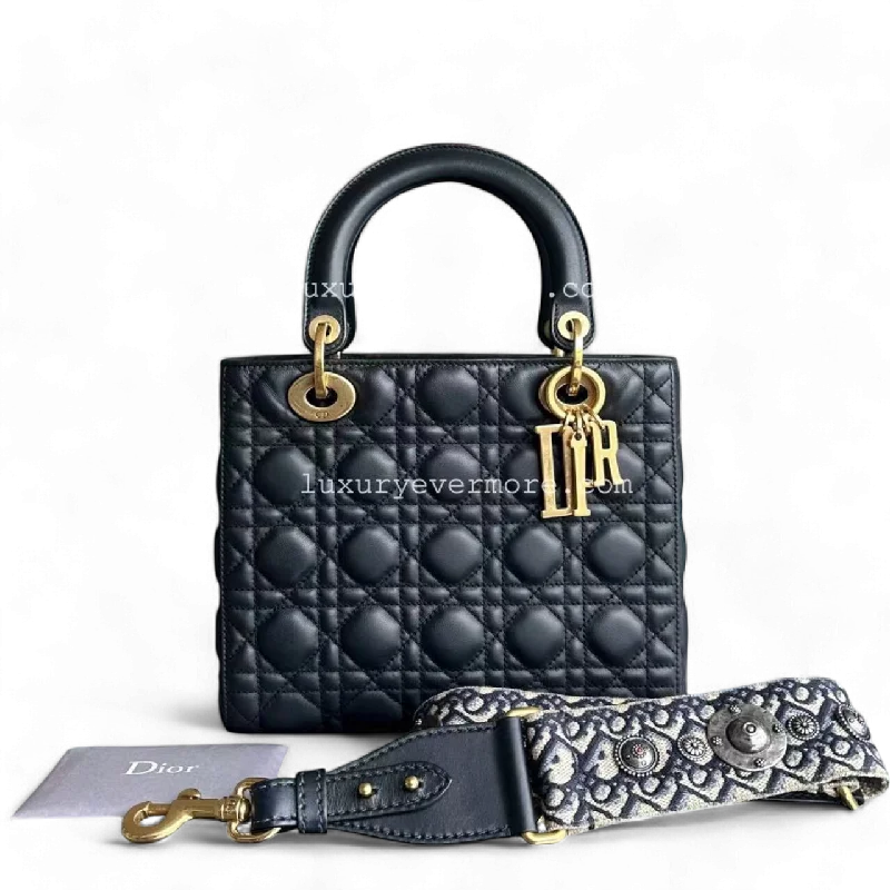 Christian Dior bags with a quilted pattern and gold - toned hardware*Calfskin, Flap, With Strap* Dior Lady Medium - Calfskin Cannage Calfskin Dark Blue Golden Hardware