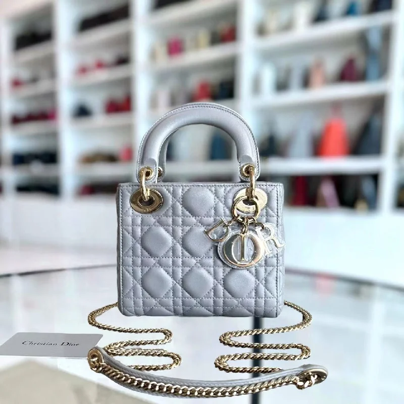 Christian Dior bags with a detachable coin purse inside*Chain Strap* Lady Mini Cannage Lambskin Light Grey Gray Golden Hardware