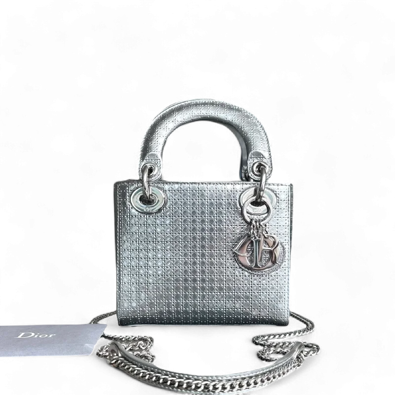 Contemporary Christian Dior handbags with a unique shape*Chain Strap* Dior Lady Mini - Metallic Micro-Cannage Silver Limited Edition SHW