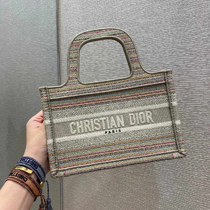 Stylish Christian Dior shoulder bags with a tassel - adorned zipperChristian Dior Small Book Tote Bag Canvas Stripes Embroidery