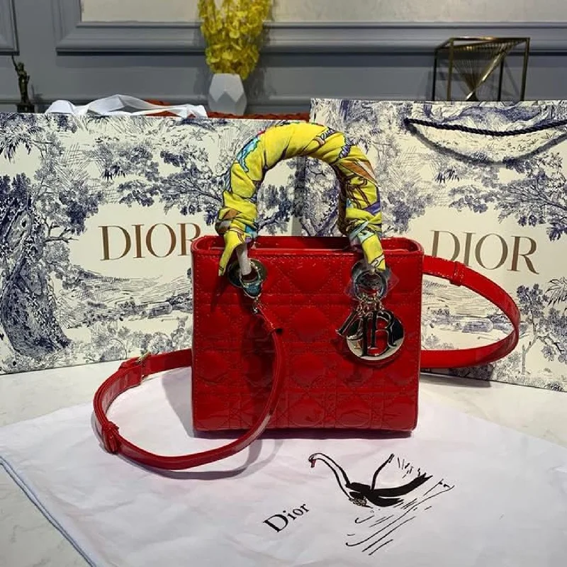 Luxury Christian Dior crossbody bags with a chain - link strapChristian Dior Small Lady Bag Gold Toned Hardware Cherry Red Patent