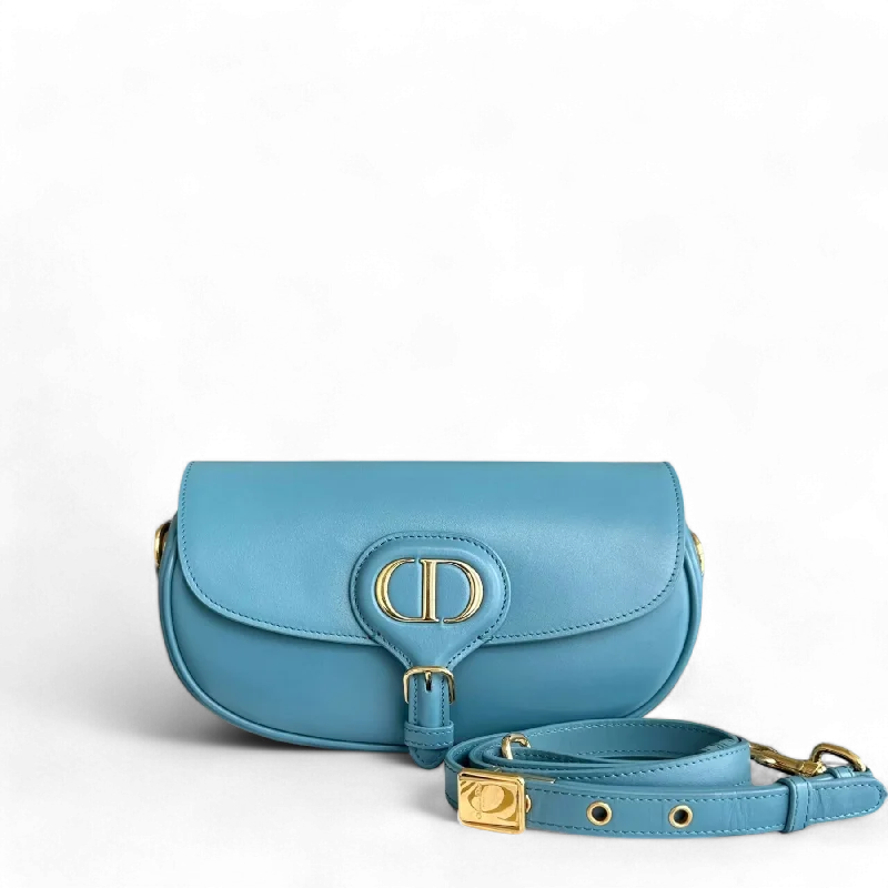 Christian Dior handbags with a snap - button closure and a decorative buckleDior Bobby East West - Smooth Calfskin Shoulder Bag Blue Gold Hardware