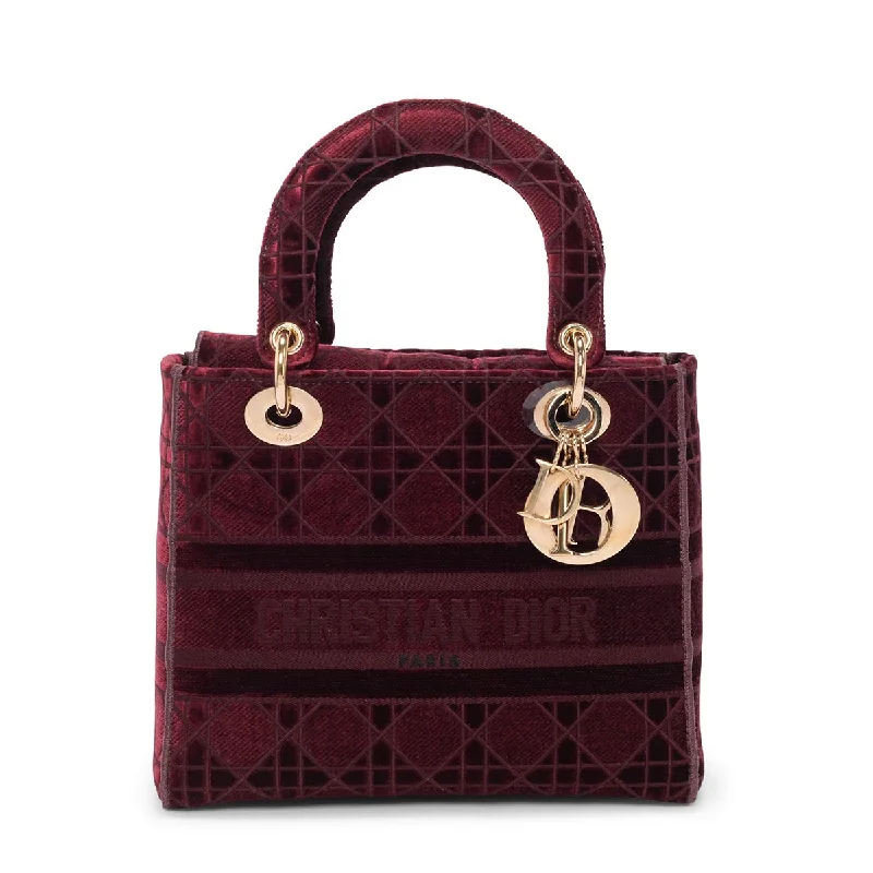 Contemporary Christian Dior handbags with a unique shapeDior Burgundy Cannage Velvet Medium Lady D-Lite Bag