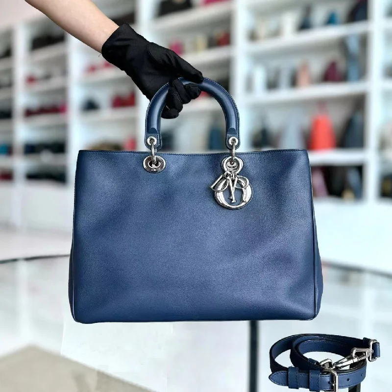 High - fashion Christian Dior bags with a geometric patternDiorissimo Large 38CM Smooth Calfskin Dark Navy Blue Silver Hardware